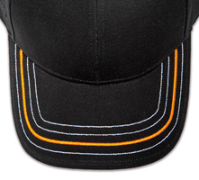 Pukka hat, visor stitching, 4 rows, 1 thick satin stitch with 3 contrast stitches, 2 color